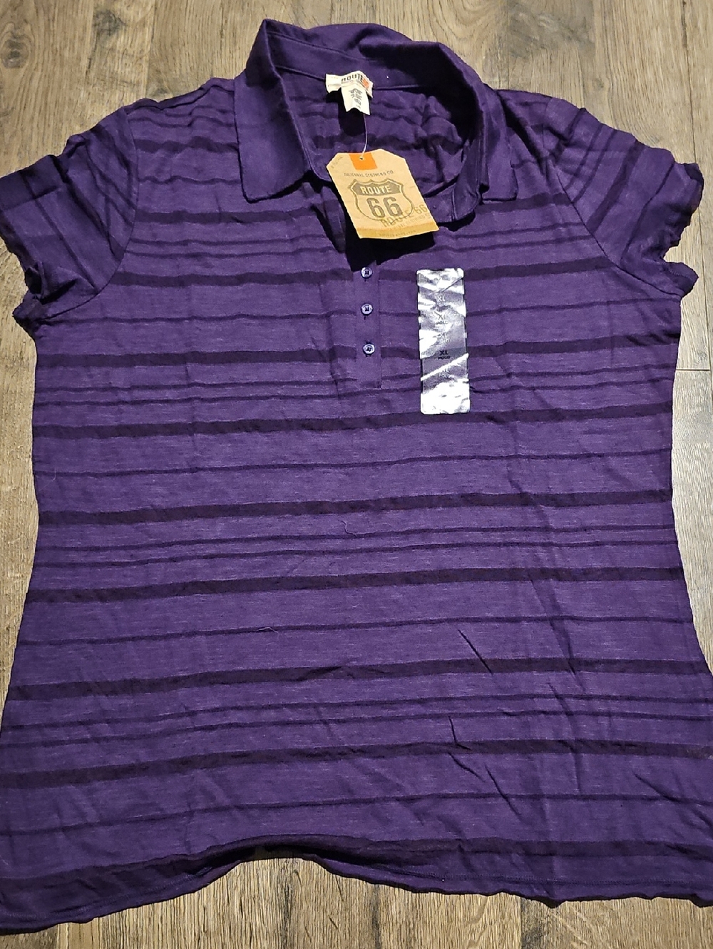 NWT POLO SHIRT Route 66 Purple Striped Top XLARGE Y2K Woman Short Sleeve Shirt